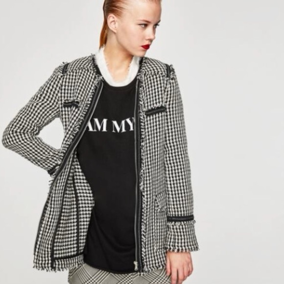 Zara trf outerwear Size S Womens Tweed Houndstooth Coat in Black White - Picture 1 of 10